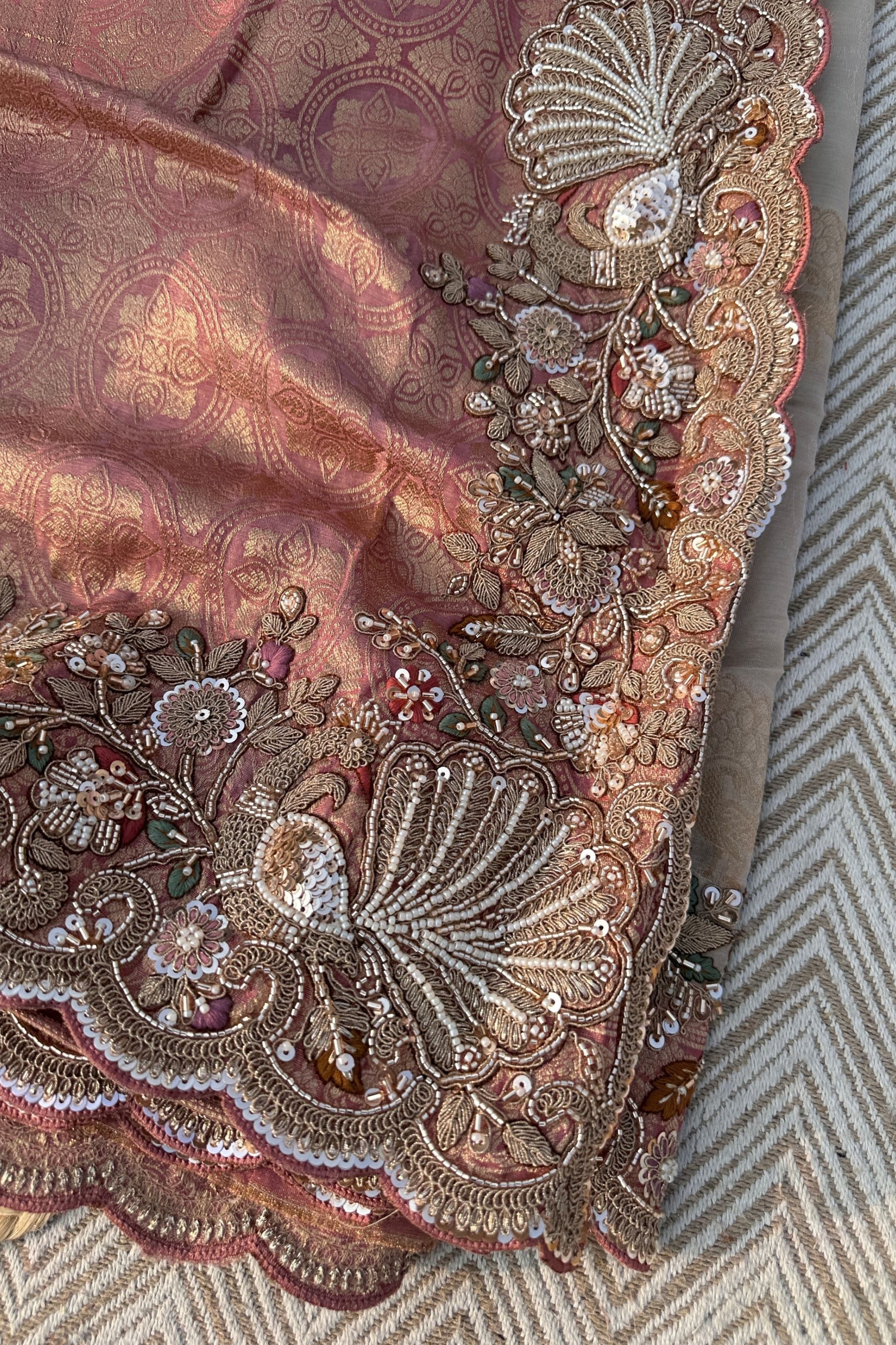 Fawn Tissue Unstitched Saree Embellished With Moti, Sequins, Zari & Cutdana Work